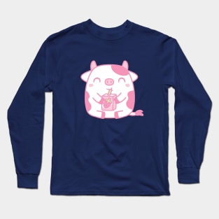 Cute Cow Drinking Strawberry Milk Long Sleeve T-Shirt